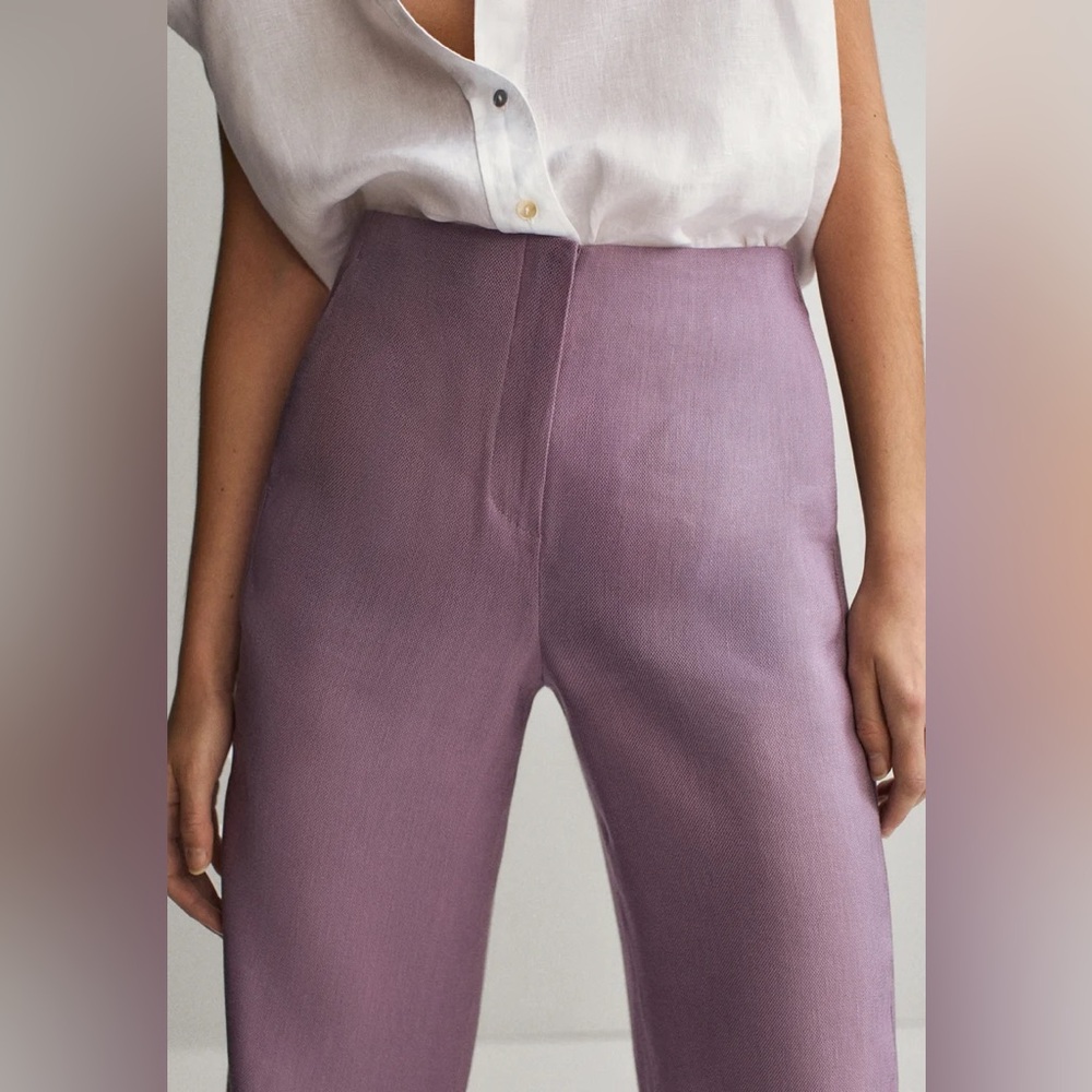 Massimo Dutti NWT Linen Lilac High Waist Straight Leg Side Slit Trousers- Size 4 - Picture 3 of 4